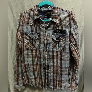 Affliction plaid button up long sleeve. Blue, grey, black, red and white colors.